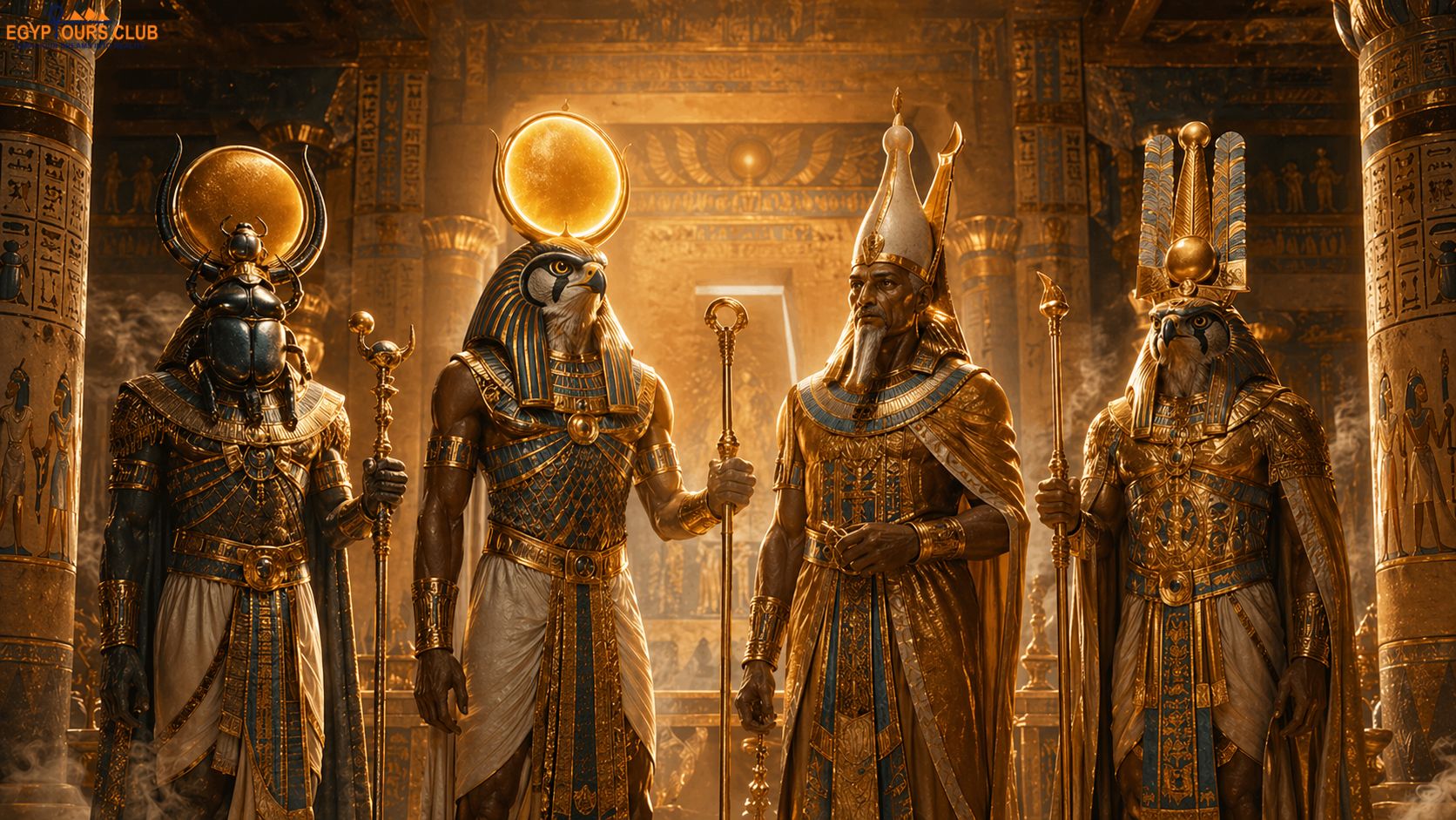 Ancient Egyptian sun gods including Ra, Atum, Khepri, and Amun-Ra represented in a sacred temple setting