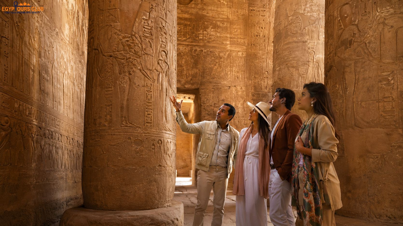 Travelers exploring ancient Egyptian temple interiors with a private guide in Egypt