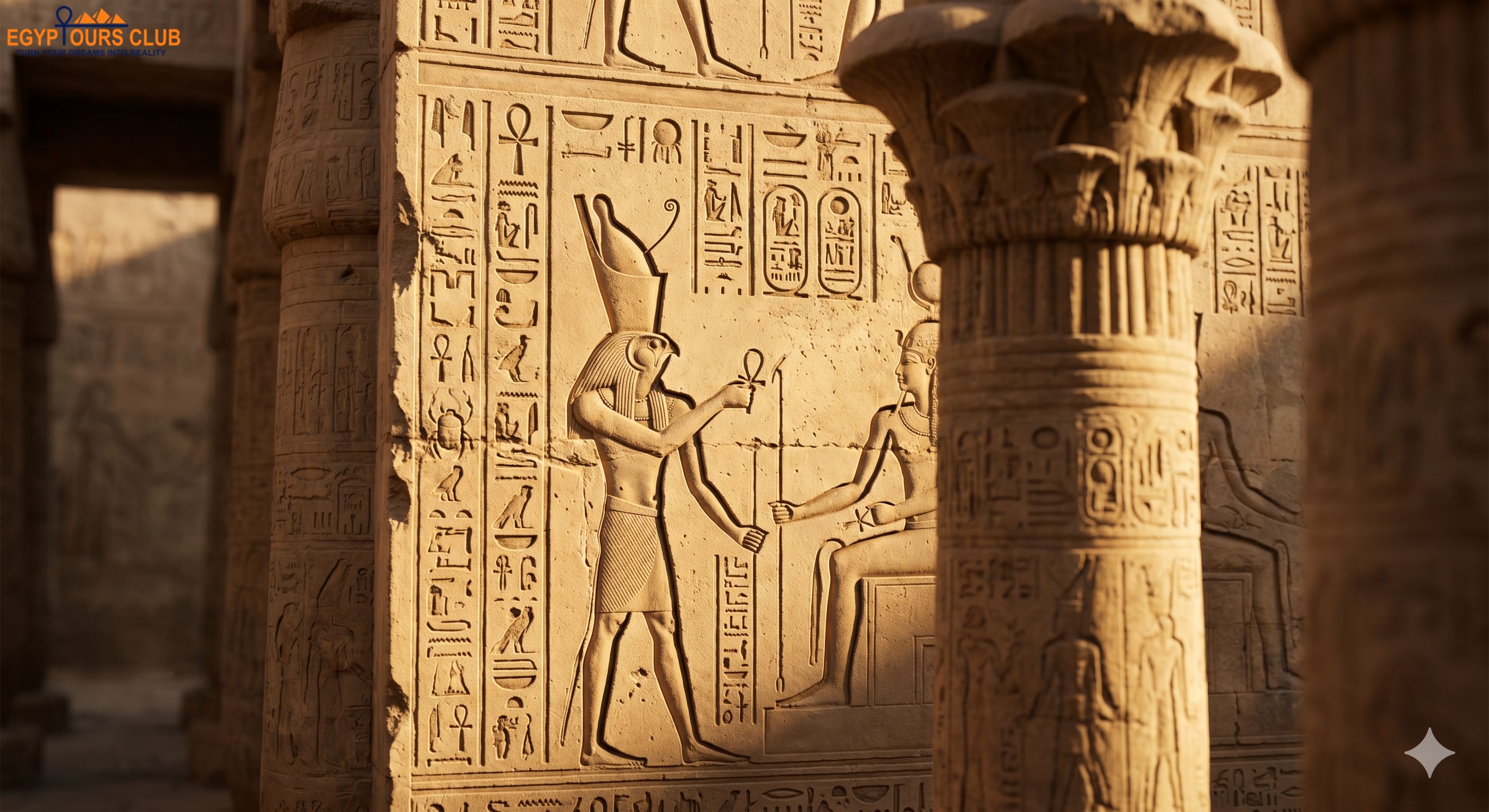 Egyptian temple carvings and wall reliefs in a major temple complex such as Karnak or Luxor