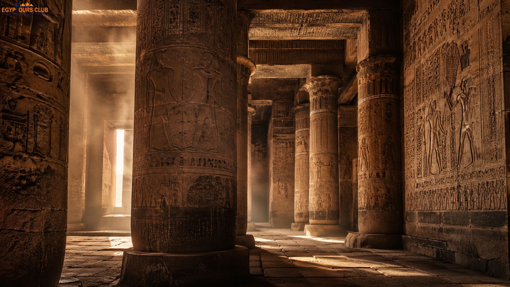 Ancient Egyptian temple interior with columns, carvings, and sacred light revealing the secrets of Egyptian temples