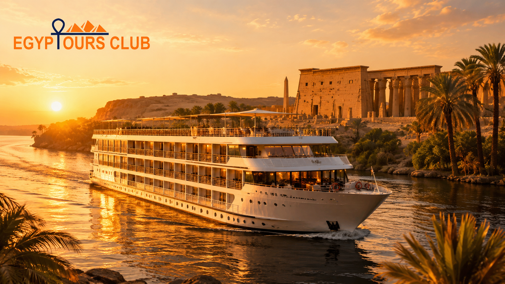 Luxury Nile cruise sailing at sunset beside ancient Egyptian temples