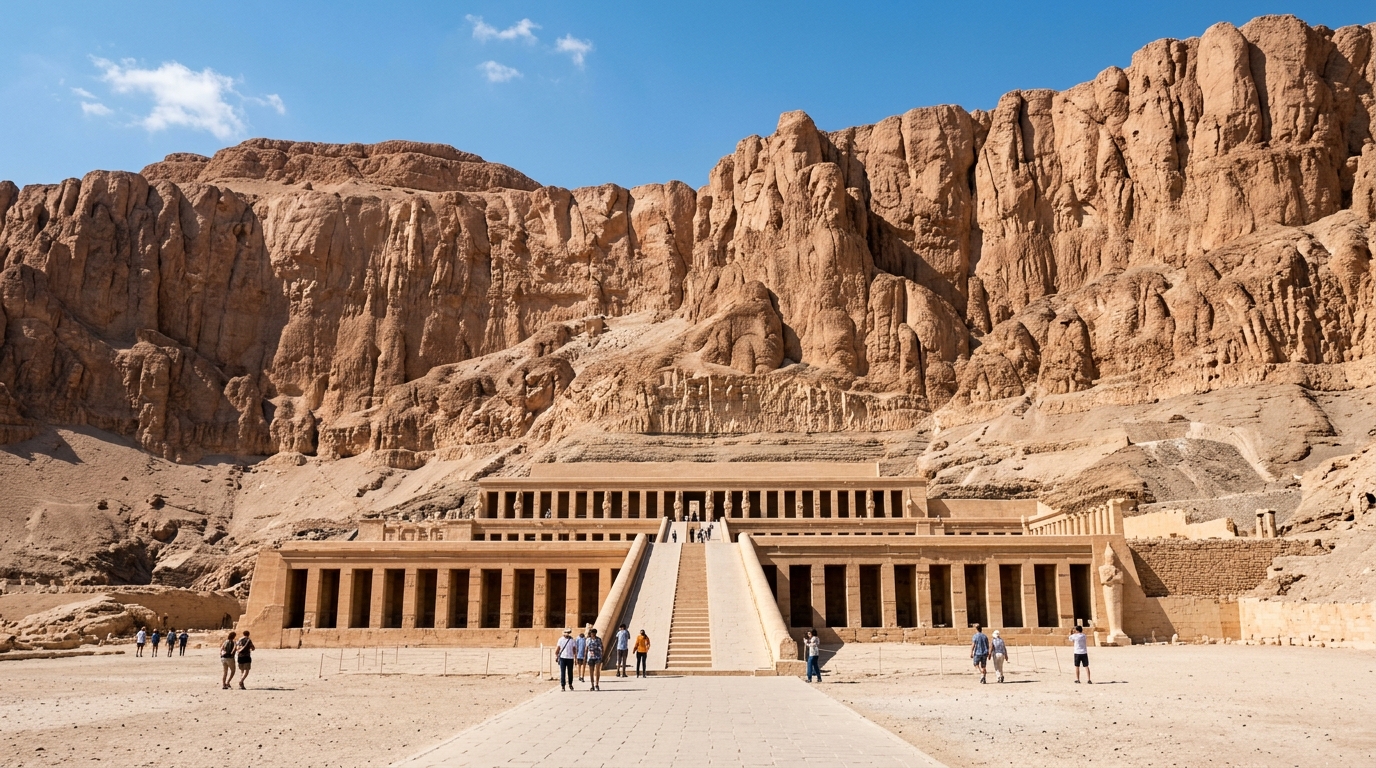 Temple of Hatshepsut and Theban cliffs on Luxor West Bank