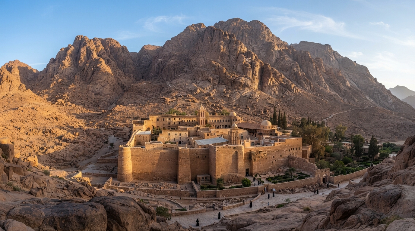 Historic fortified monastery in an Egyptian desert landscape illustrating monastic seclusion