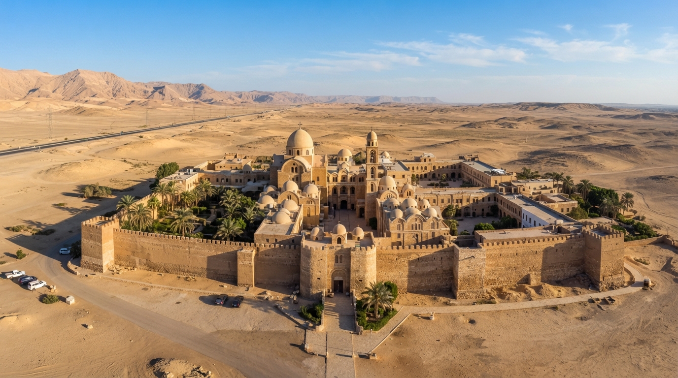 Aerial view of the Monastery of Saint Bishoy in Wadi El Natrun, Egypt