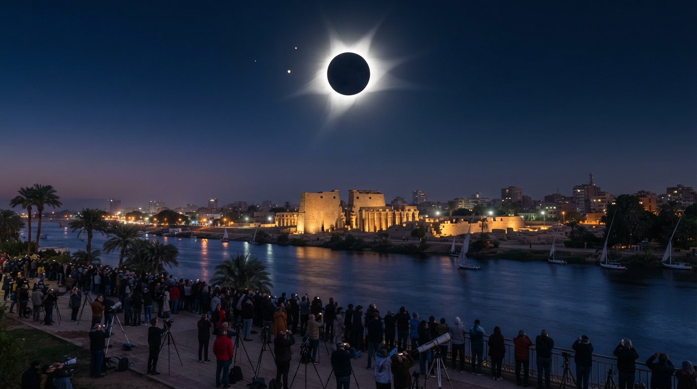 migliori luoghi per osservare l’eclissi solare totale del 2027 a Luxor, Egitto . banner